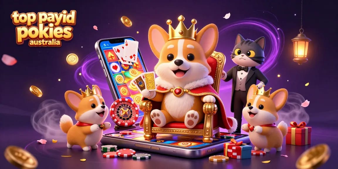 Engage with top payid pokies australia in a vibrant casino scene featuring a royal corgi and dynamic gaming elements.