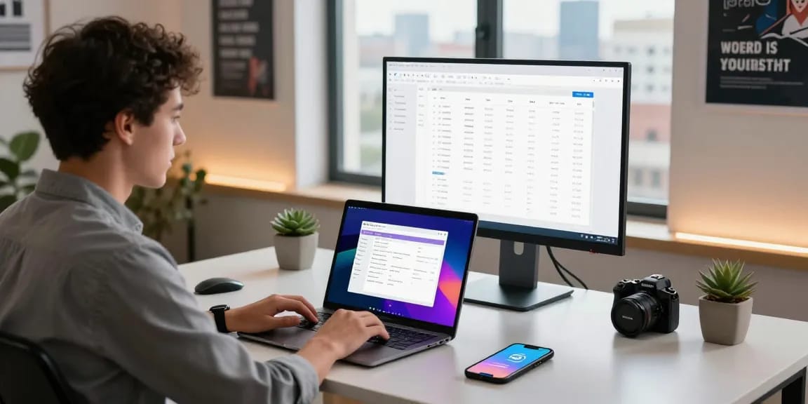 WPS Download workspace scene showcasing productivity setup with laptop and monitor.