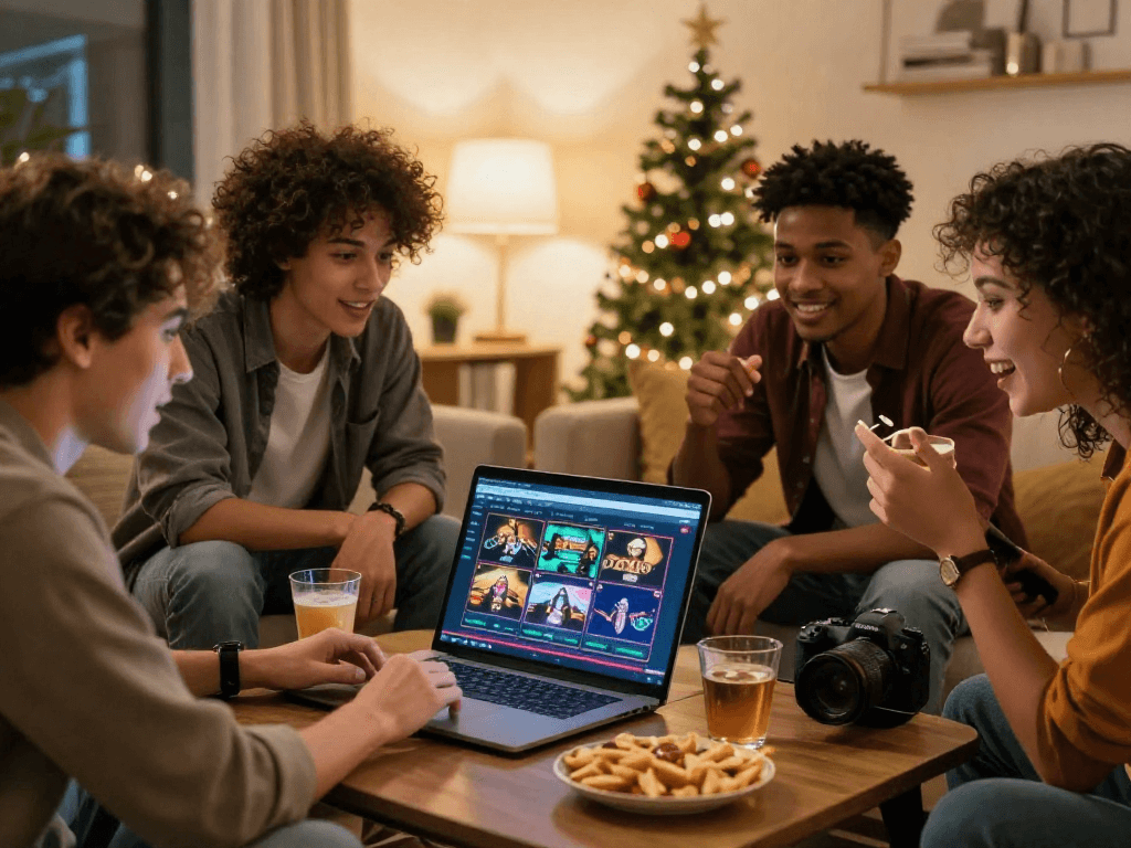 Enjoy a friendly gathering while you gamble online Canada with friends around a laptop.