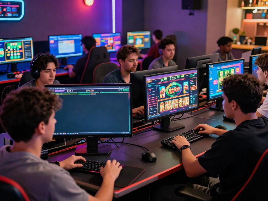 Exciting online gambling scene at UK88, showcasing players immersed in betting activities on high-tech screens.