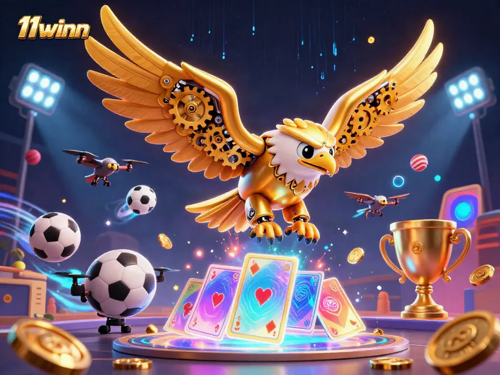 Experience thrilling action at 11winn with vibrant 3D casino elements and a cybernetic eagle.