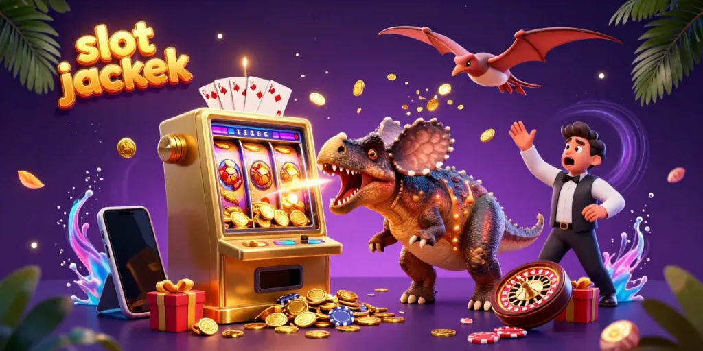 Experience the thrill of the slot jackpot as a cartoon dinosaur interacts with a slot machine while coins fly around in a vibrant casino scene.