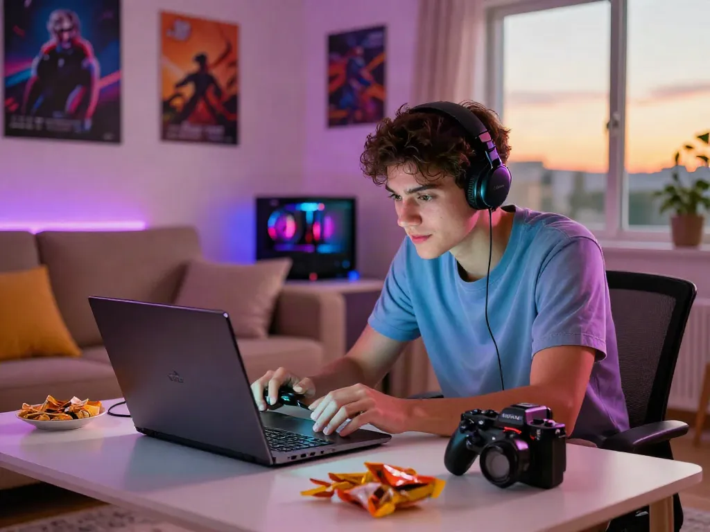 Young man enjoying rokok88 alternatif gaming experience in a cozy setup with snacks and colorful lighting.