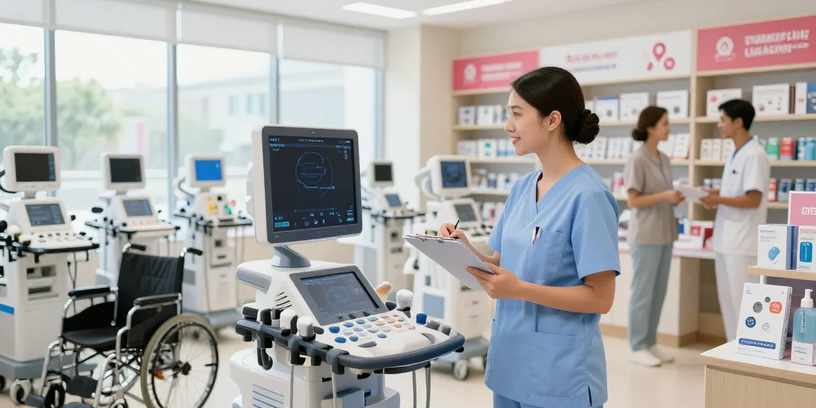 Buy medical equipment in a modern healthcare store with a nurse examining ultrasound machinery.