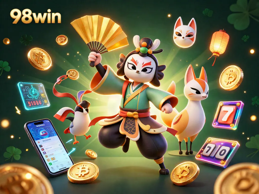 Experience the thrill of 98win with a vibrant 3D casino illustration featuring dynamic elements and characters.