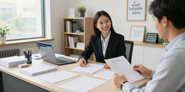 Apostille Toronto: Notary assisting clients with document processing in a modern office.