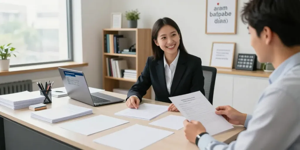Apostille Toronto: Notary assisting clients with document processing in a modern office.
