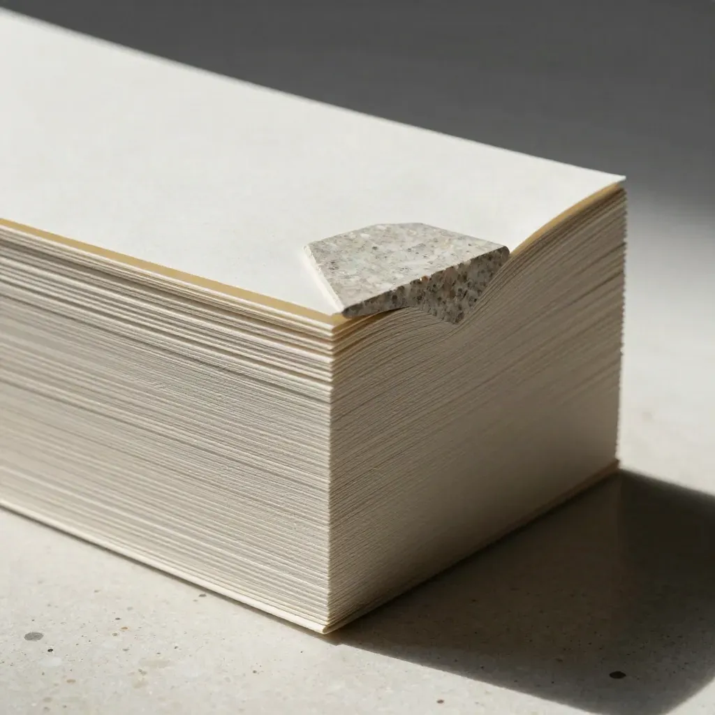 Macro of a pale stone property dossier with layered paper and a polished sample chip in dramatic side light.