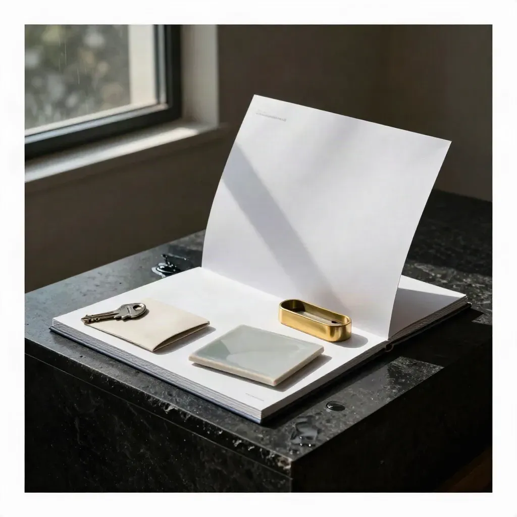 Open condo offer kit with brass paperweight and ceramic tile on a dark plinth, lit dramatically