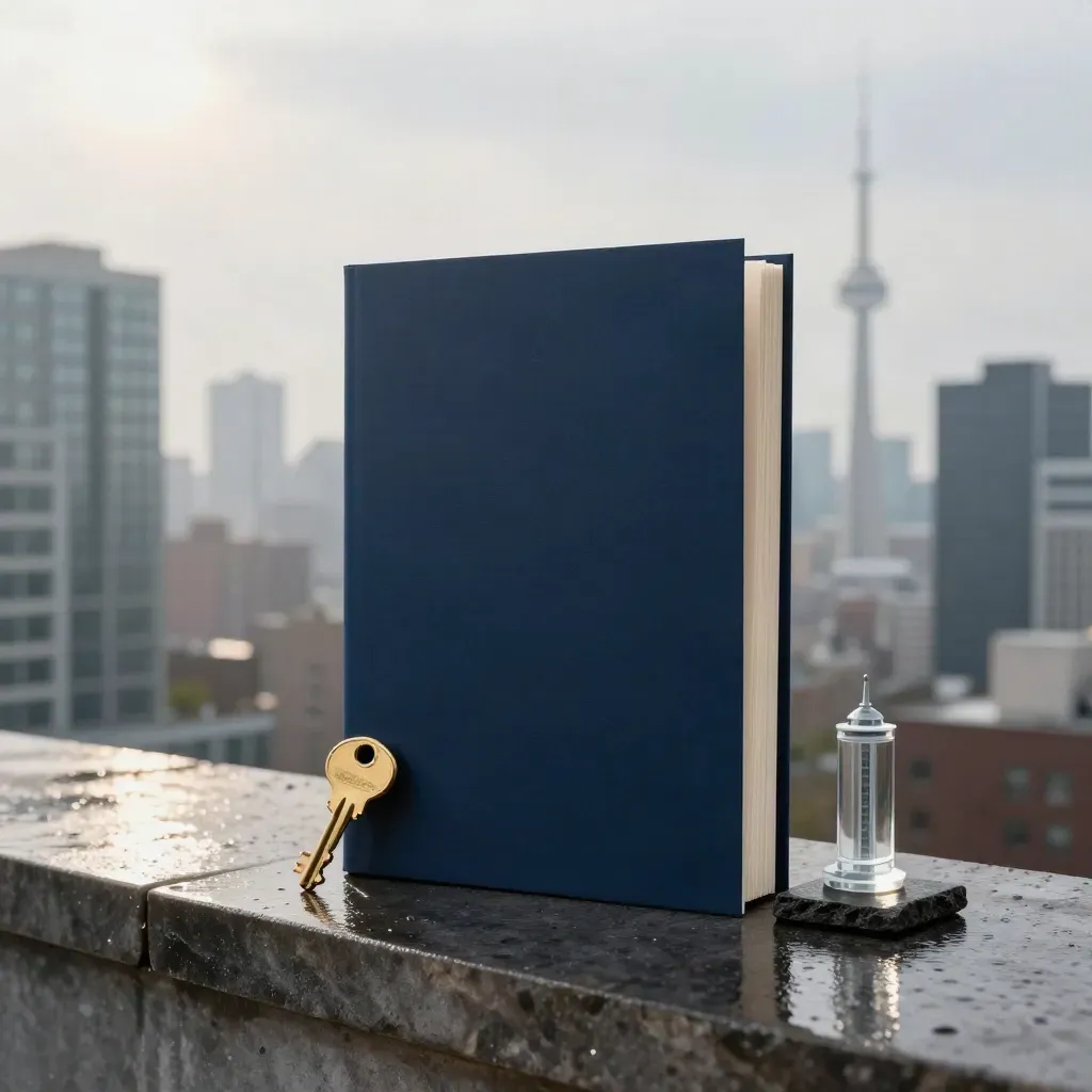 Matte navy condo buyer folio with brass key and glass tower model on a wet rooftop ledge.