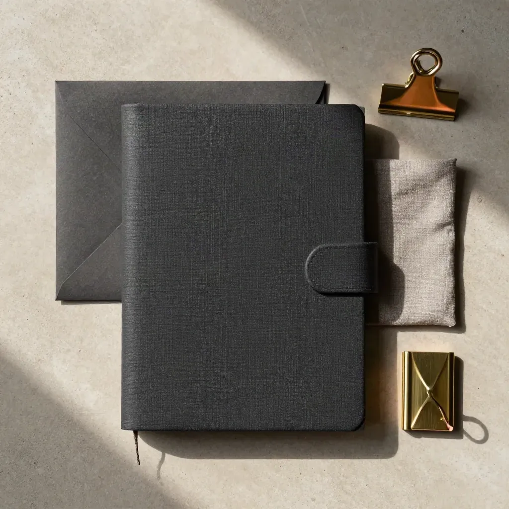 Overhead flatlay of a charcoal listing binder, matte envelope, cloth swatch and brass clip on concrete.