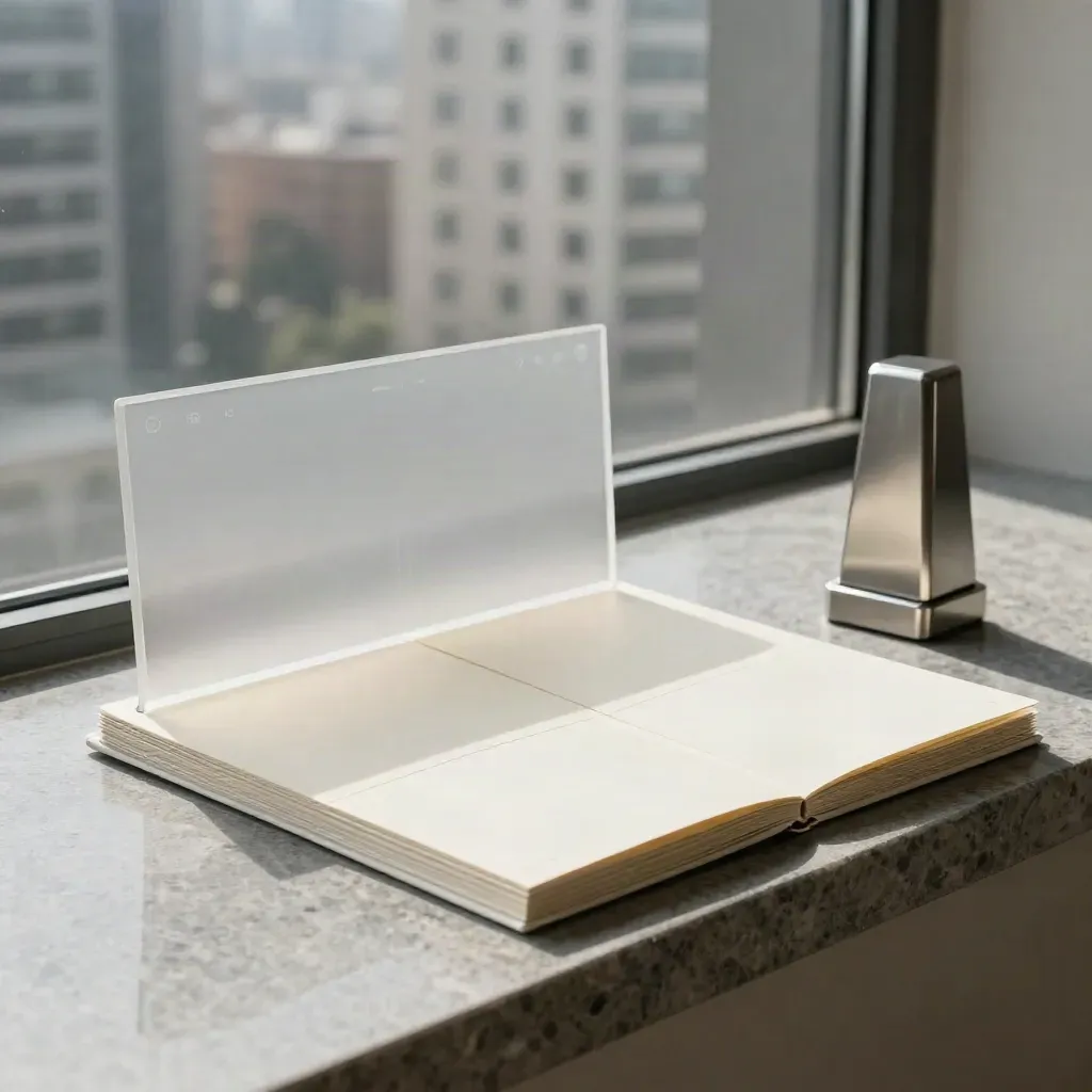 Cream condo search folio with blank cards, acrylic divider and metal tower on slate.