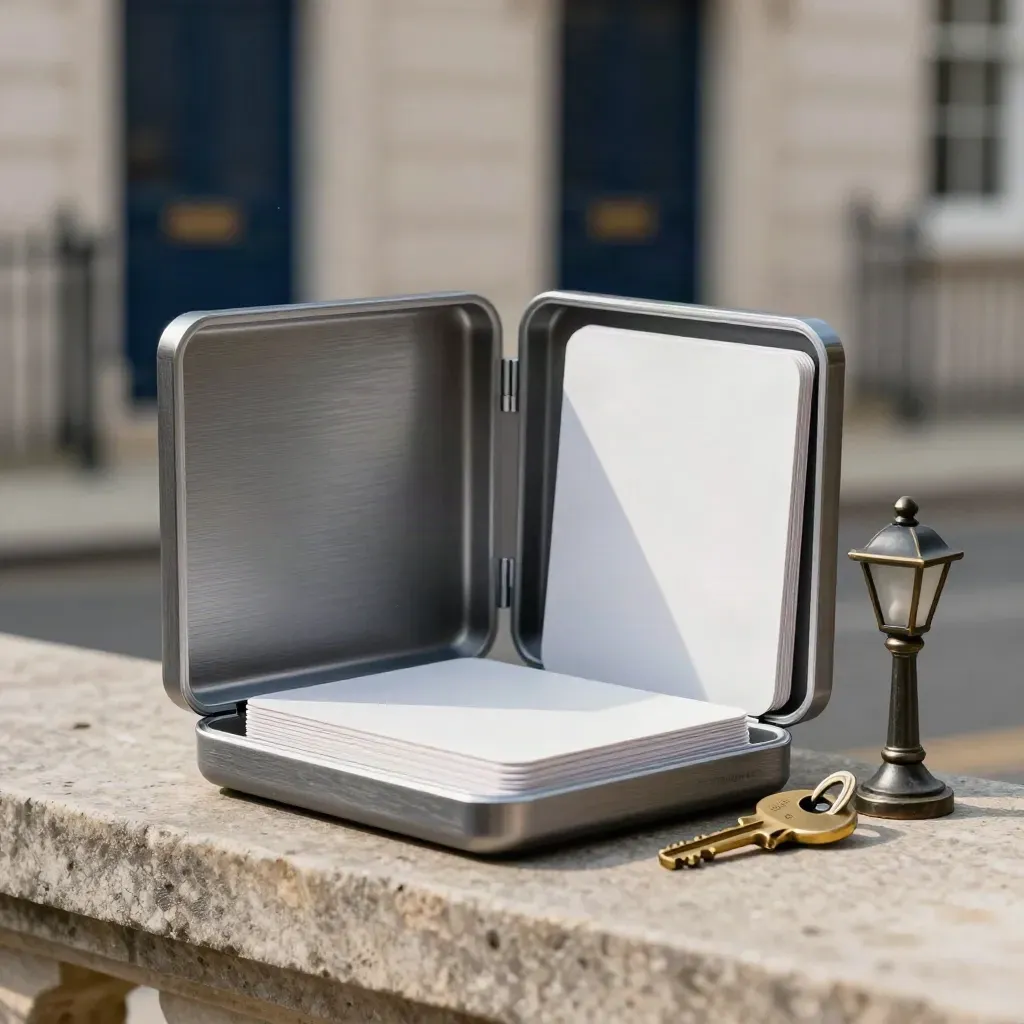 Slate open-house kit with blank cards, brass key and street-lamp on stone in cool light.