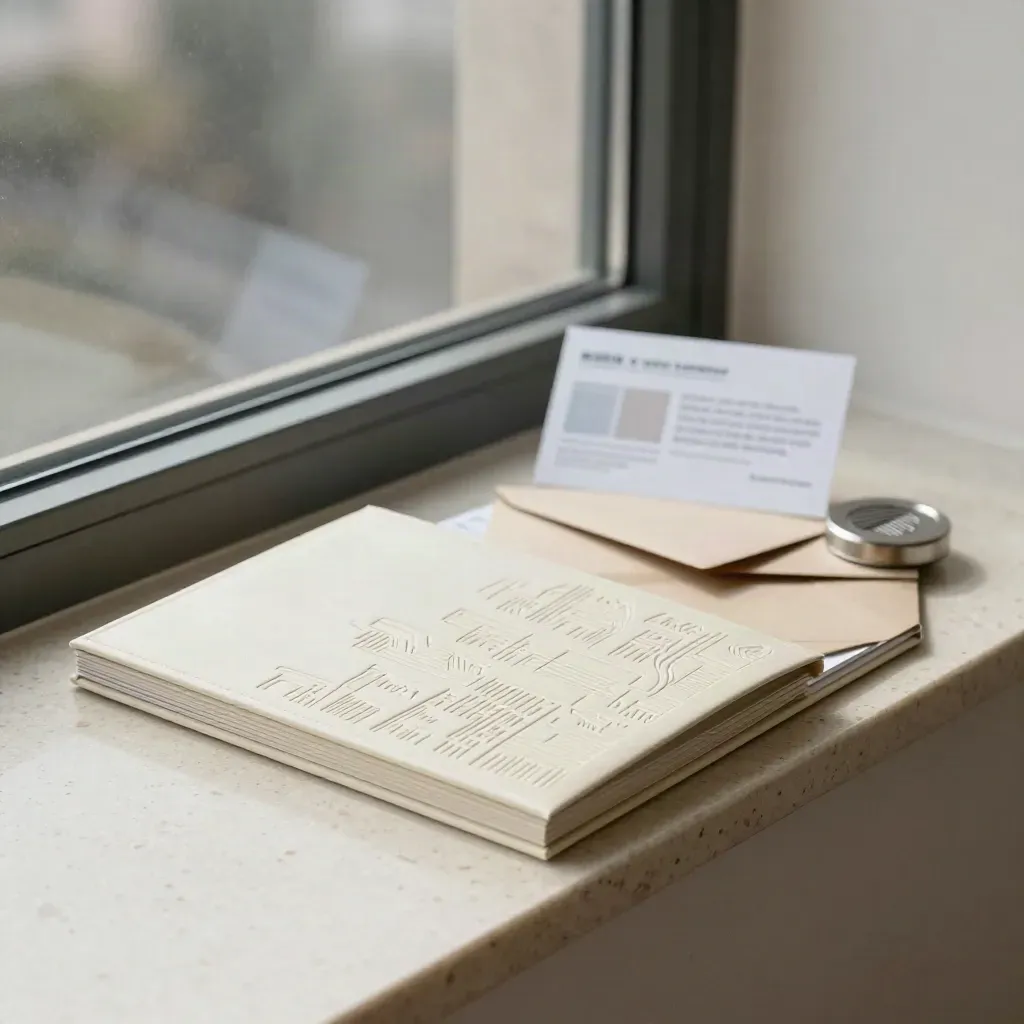 Relocation folio, wool envelope, and paperweight on a travertine ledge by a window.