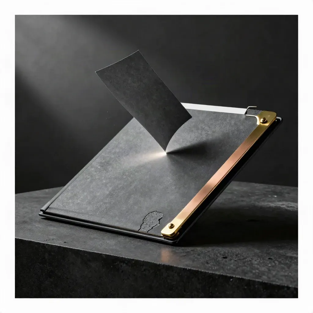 Dark townhouse review folder mid-open with swatch, brass clip and concrete chip on a black plinth.