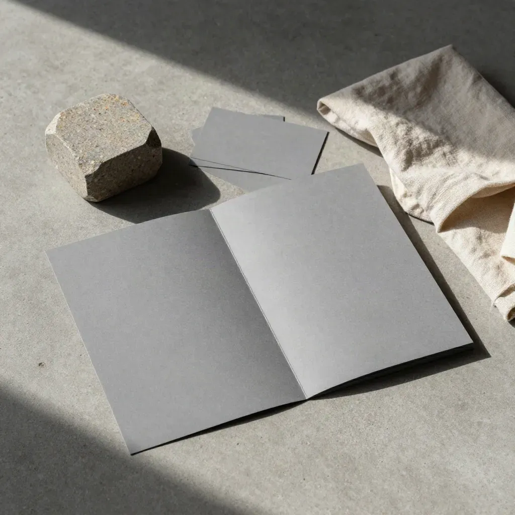 Overhead flatlay of a warm grey market dossier with blank inserts, stone weight and linen cloth.