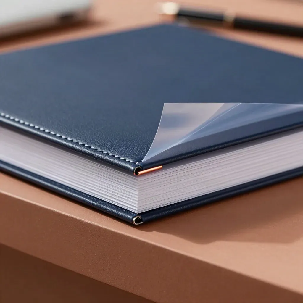 Matte navy folio with copper tab and lifted sleeve on terracotta stone.
