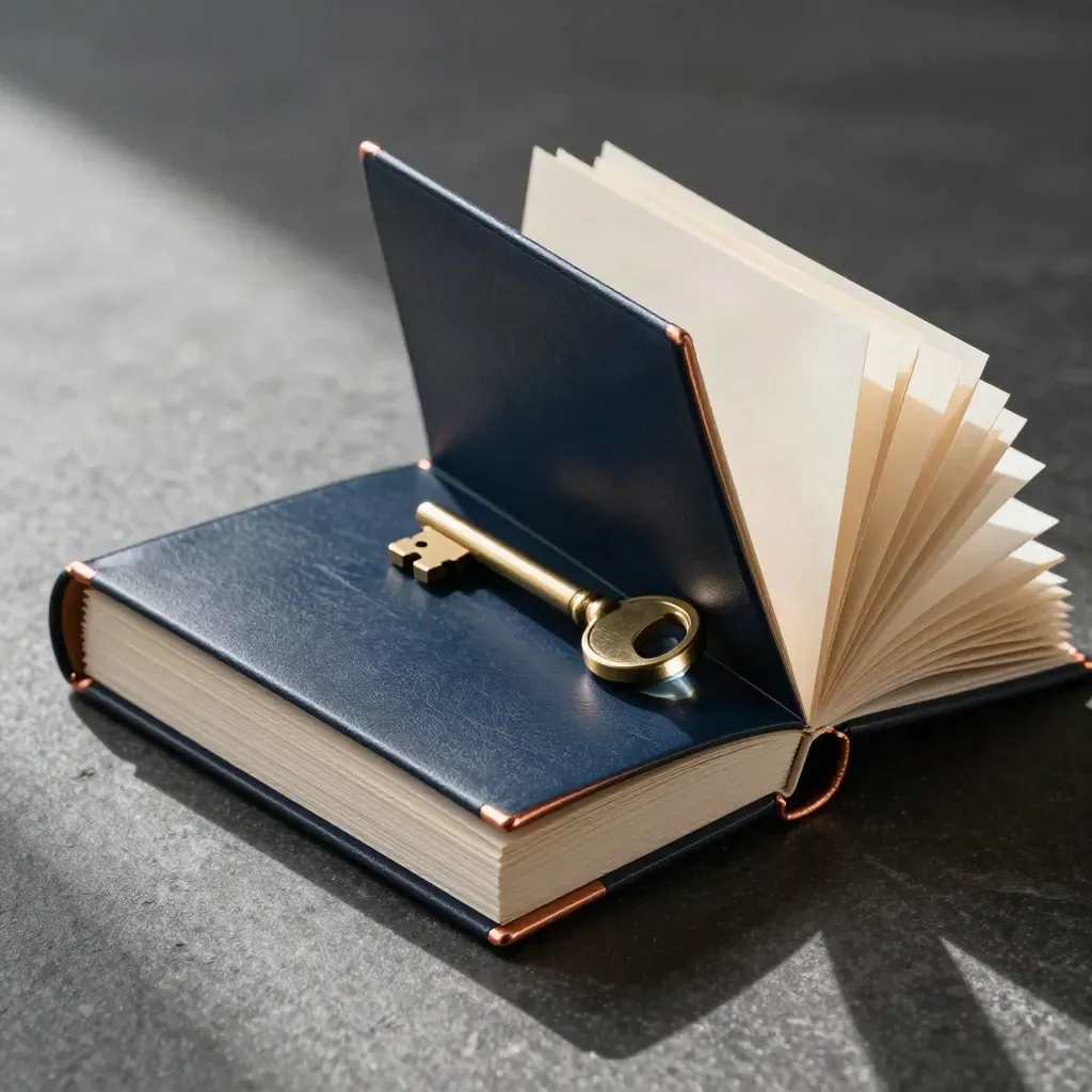 Navy listing folio with cream inserts, brass key and smoked-glass weight on dark stone