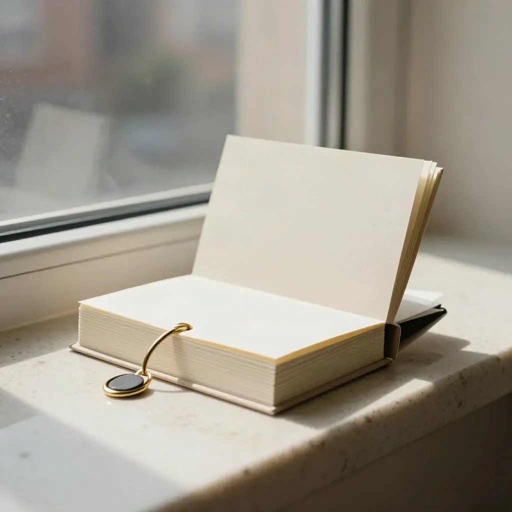 Cream call kit folio with brass ring clip and slate fragment on travertine by window light.