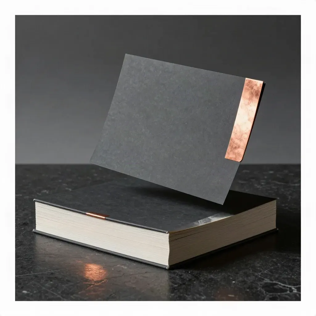 Graphite pricing dossier with copper tab and marble sample on a dark studio surface