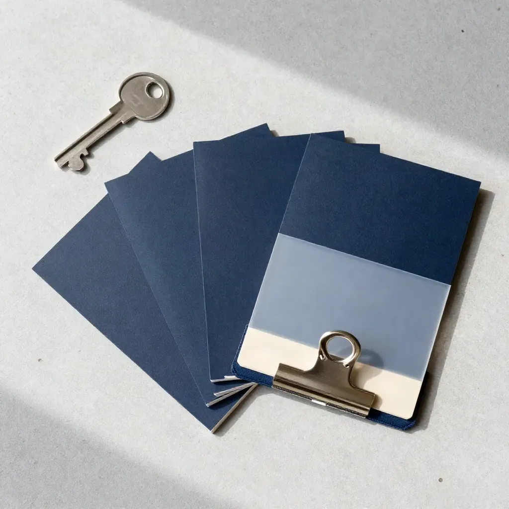 Overhead navy search pack with cards, divider and metal clip on pale concrete.