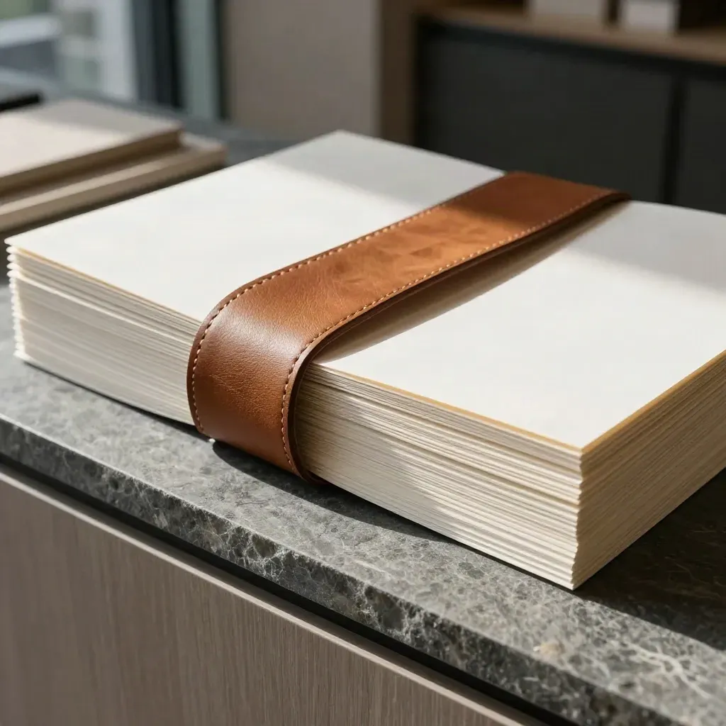 Warm white townhouse offer folio with leather band and stone tile on a slate ledge in hard sidelight.