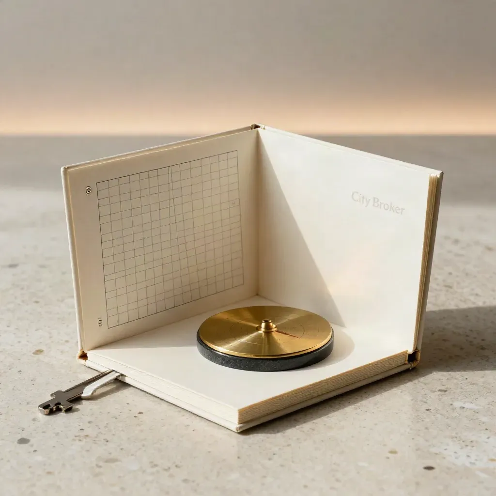 Cream relocation folio with brass wayfinding disc and charcoal paperweight on travertine.
