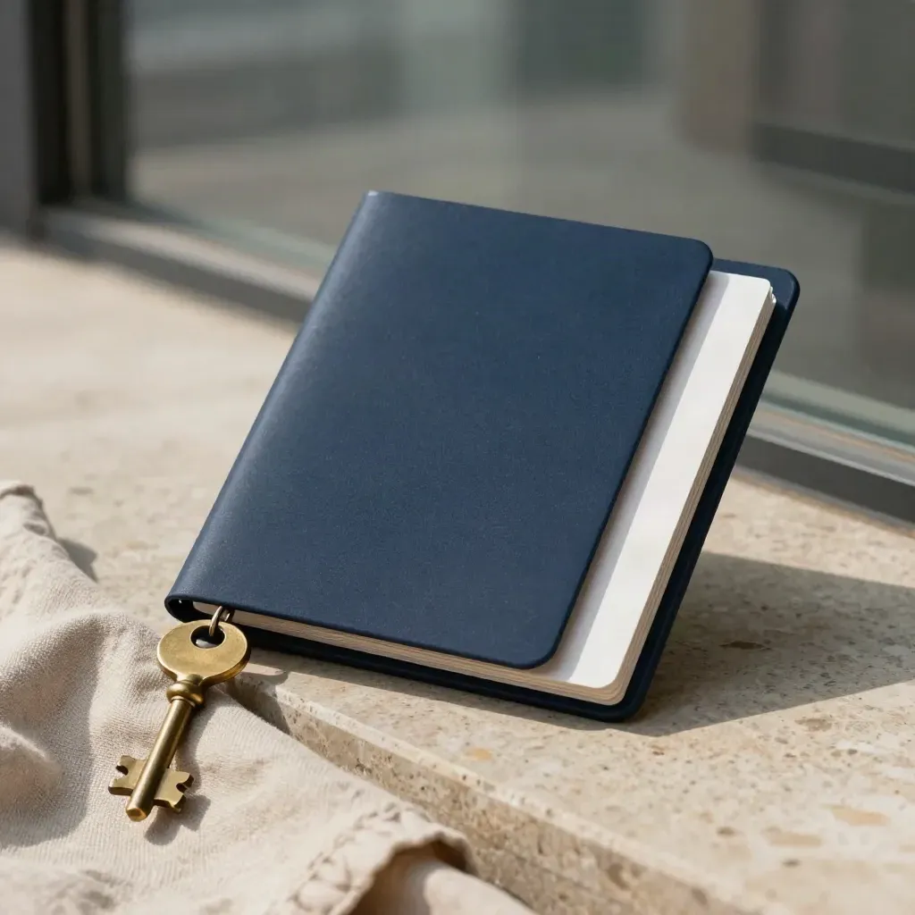 Navy open-house folio, brass key and linen sleeve on a limestone ledge in soft daylight.
