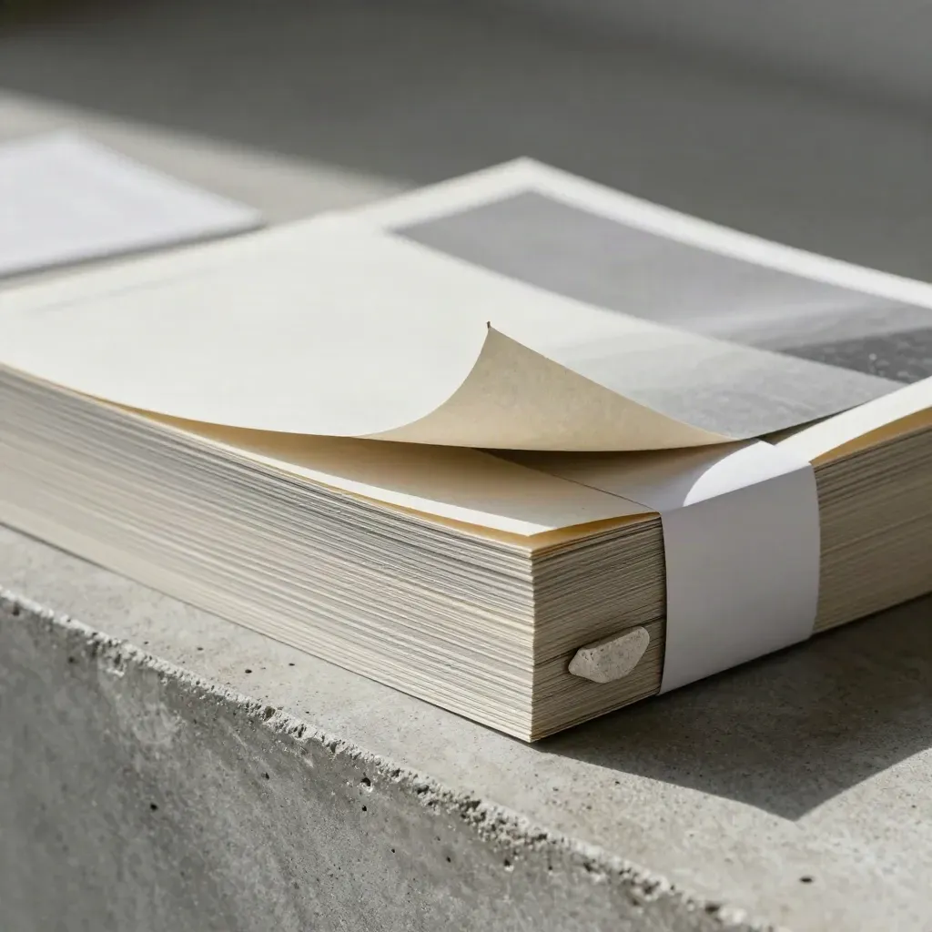 Slate-toned report bundle with layered sheets, stone chip, and folded band in raking light.