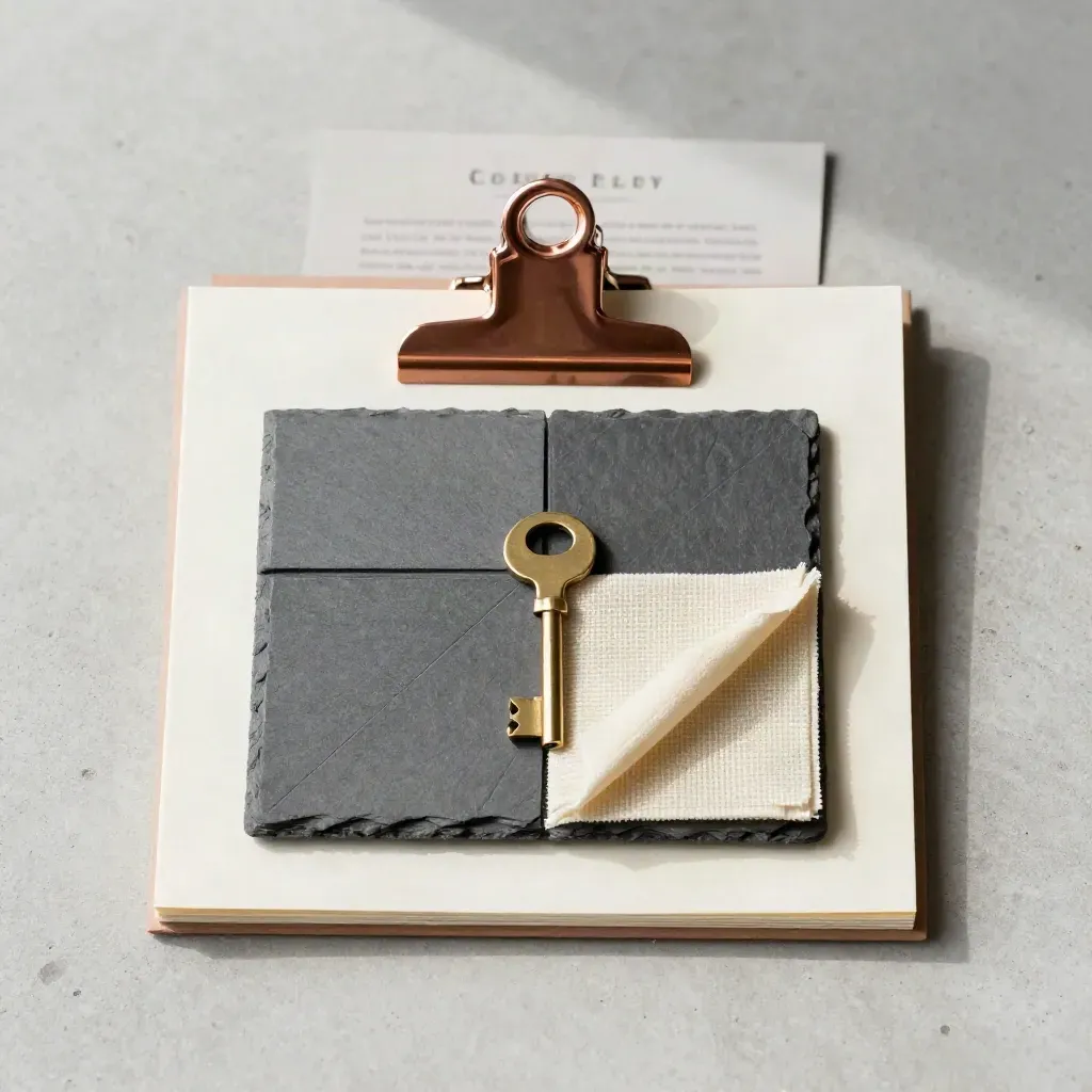 Overhead folio, brass key, copper clip, and slate cloth on pale concrete.