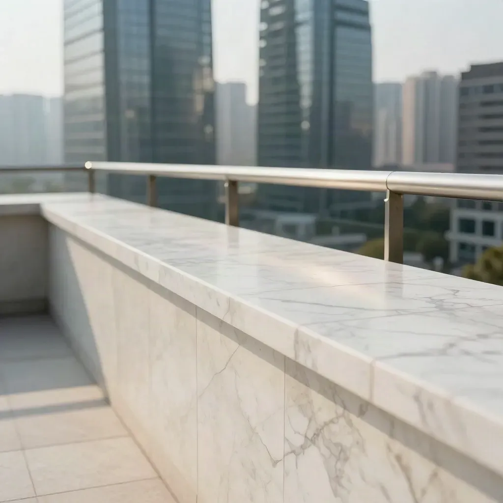 White marble balcony ledge with blurred condo towers and a calm city horizon