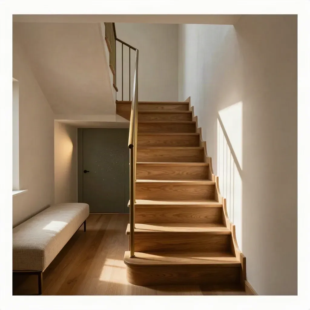 Warm oak townhouse stair landing with linen bench, brass rail, and glowing doorway light