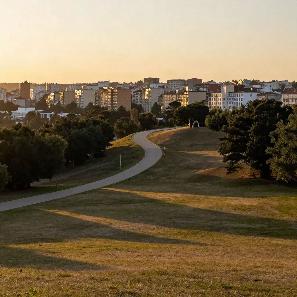 Golden-hour hilltop overlook with tree-framed skyline and winding road above a calm grassy foreground.