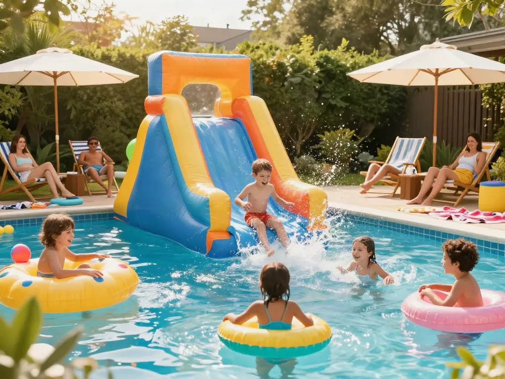 Excited children playing on a colorful slide water slide at a sunny backyard pool party