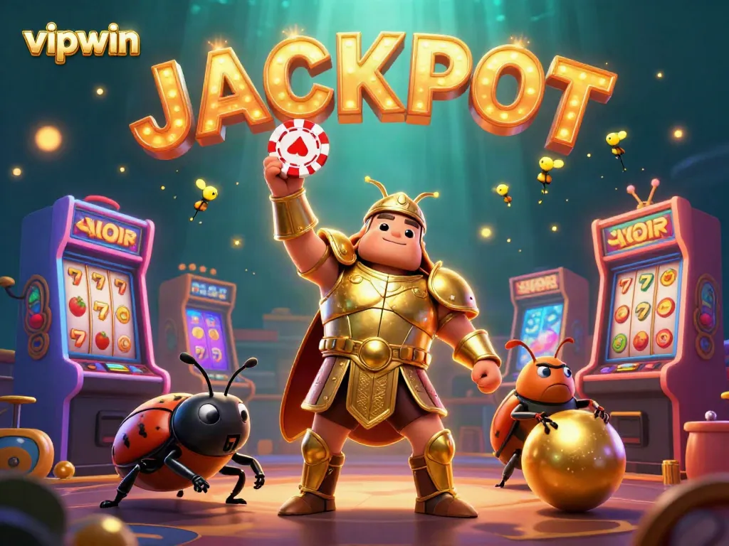 Engage in excitement with VIPWIN as the cartoon beetle lifts a poker chip amidst vibrant slot machines and glowing jackpot elements.