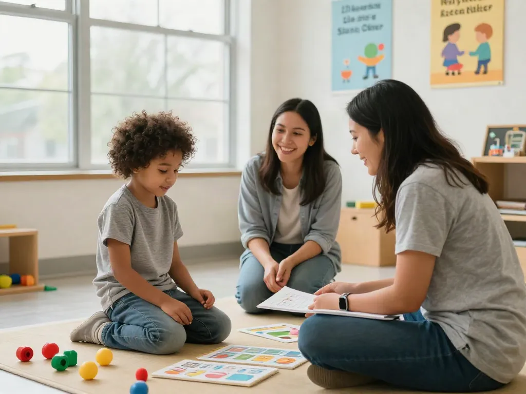 ABA treatments Burlington shown in a nurturing therapy session with a child and therapist in a warm clinic.