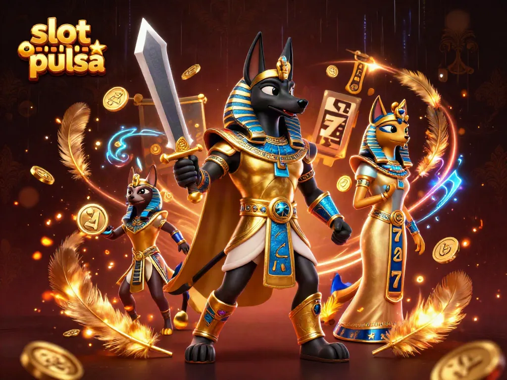 Spin reels and win big with slot online pulsa featuring Anubis and Bastet in a vibrant casino scene.