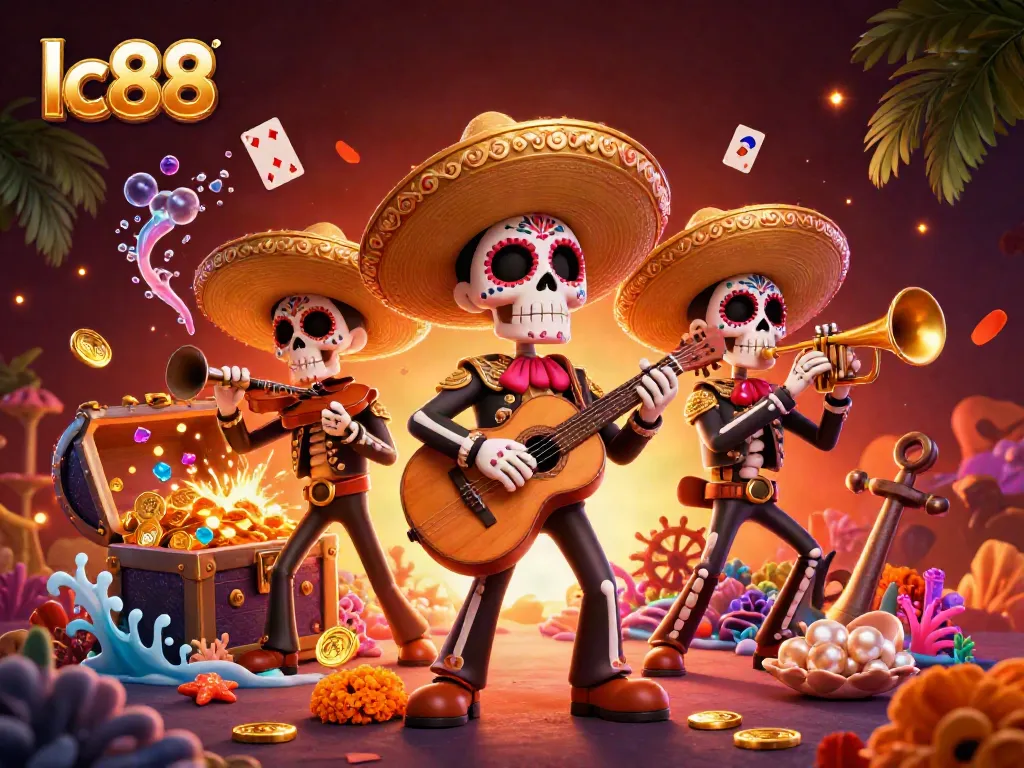 Experience the excitement of lc88 with vibrant mariachi band amidst treasures and casino elements.