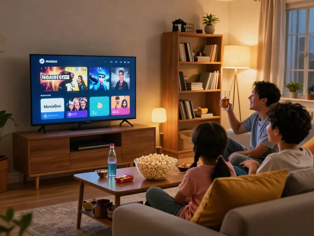 Family enjoying MovieBox official download streaming on a cozy couch.