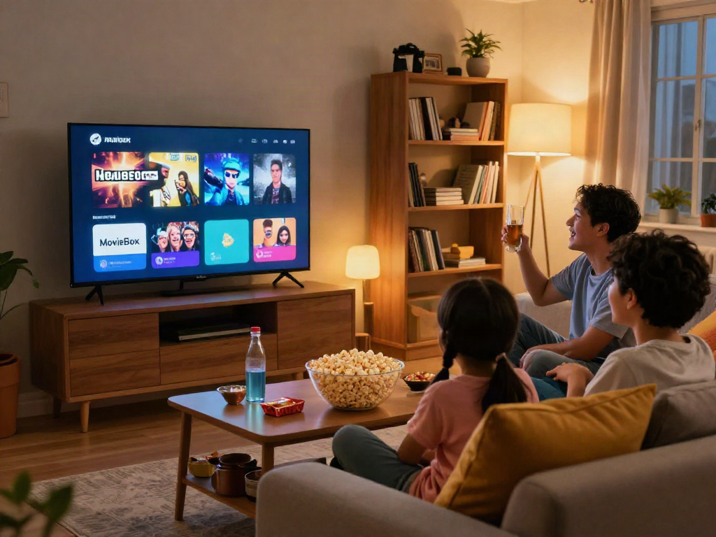 Family enjoying MovieBox official download streaming on a cozy couch.