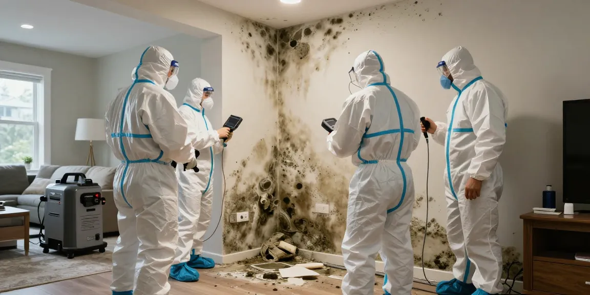 Mold remediation in Vancouver homes, technicians using HEPA filtration and moisture detection tools.