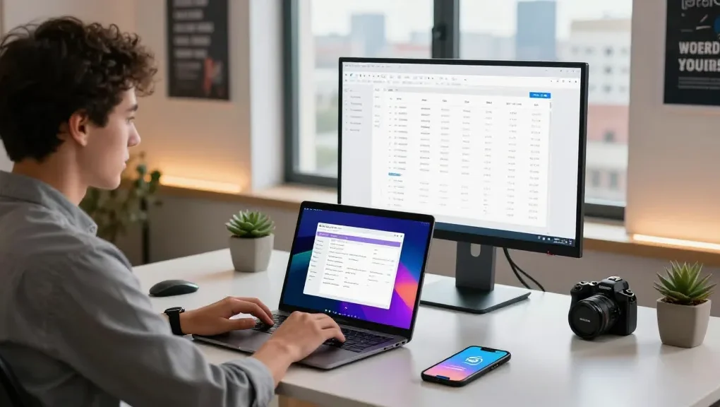 WPS Download workspace scene showcasing productivity setup with laptop and monitor.