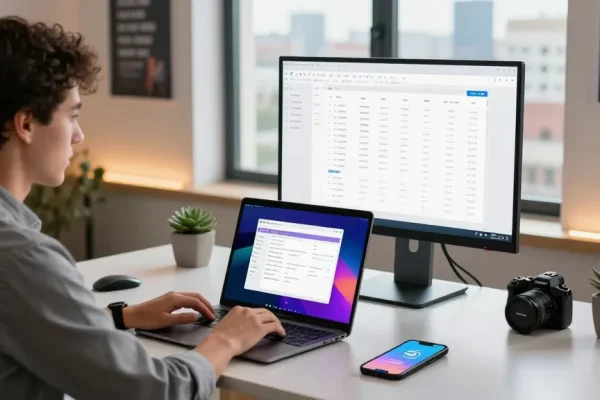 WPS Download workspace scene showcasing productivity setup with laptop and monitor.