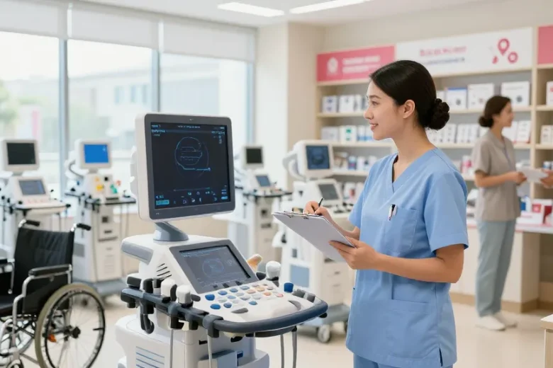Buy medical equipment in a modern healthcare store with a nurse examining ultrasound machinery.